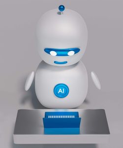 a white robot sitting on top of a table